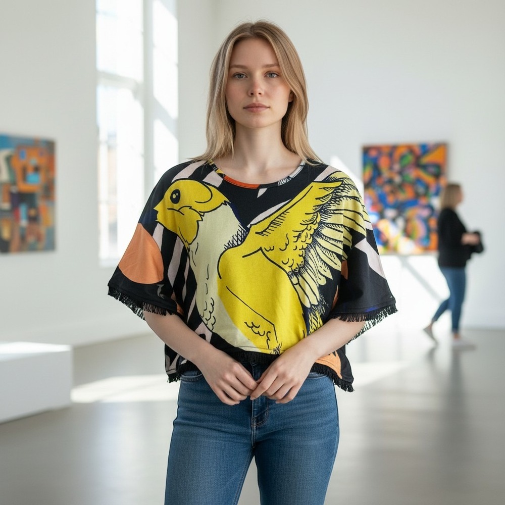 Frida Kahlo x SHEIN X Bird Floral Graphic Fringe Crop Top Black Yellow Large